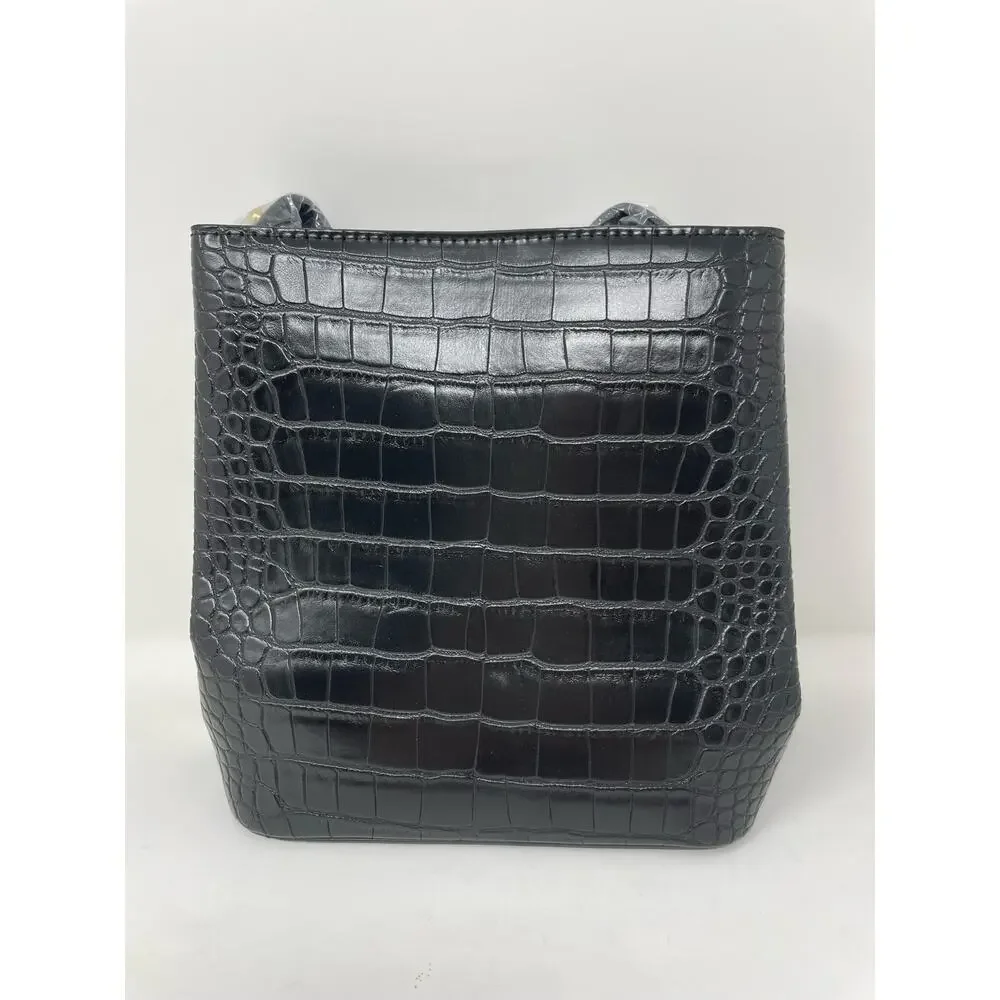AOTA Elena Black Vegan Leather Croc Top Handle Bucket Bag Detachable Crossbody - Picture 2 of 9